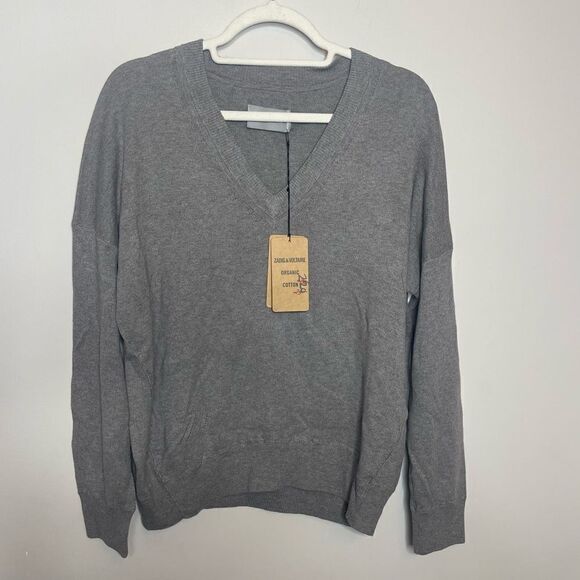ZADIG & VOLTAIRE Brumy V-Neck Sweater Slub Cotton Gray Size Small - Picture 2 of 12